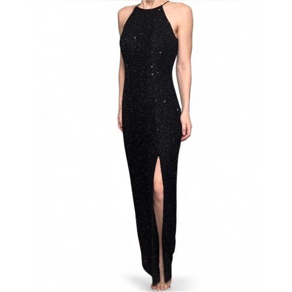Vintage Y2K Marina B Black Beaded Halter Style Long Dress Leg Slit Size 9/10 - Picture 1 of 8